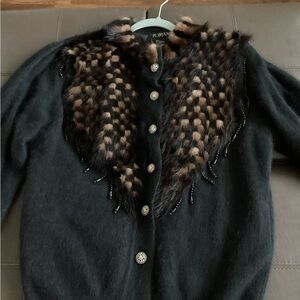 Black Cardigan with Brown Fur Angora and mink